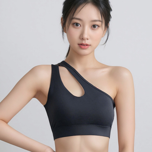 镂空斜肩运动内衣女防震跑步聚拢网纱拼接美背健身文胸罩瑜伽背心
