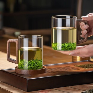 办公室家用耐高温泡绿茶杯 高硼硅玻璃茶杯带把手个人男士