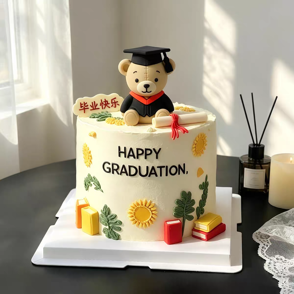 毕业季毕业典礼庆祝派对甜品插牌蛋糕装饰卡通博士帽小熊玩偶摆件
