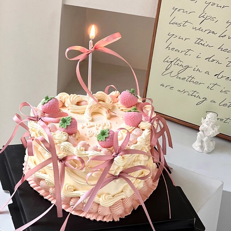 3.8妇女节韩系心形草莓蛋糕装饰小仙女生日芭蕾风蝴蝶结丝带插件