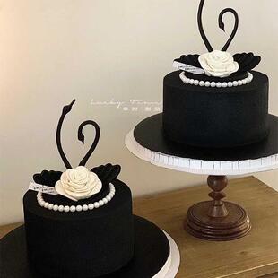 包邮七夕情人节网红蛋糕装饰摆件黑白天鹅珍珠小香风告白生日插件