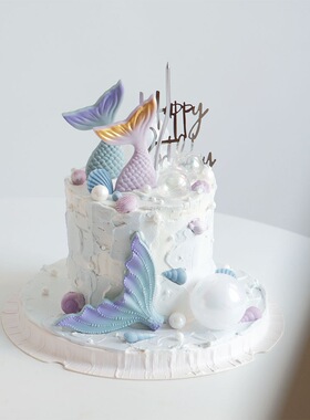 新款海洋系主题唯美蓝色粉色紫色软胶鱼尾生日装扮摆件蛋糕装饰