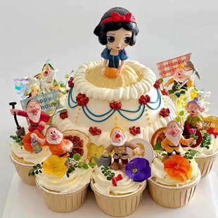 网红白雪公主和小矮人摆件公主纸杯蛋糕装饰生日快乐插旗雨丝插件