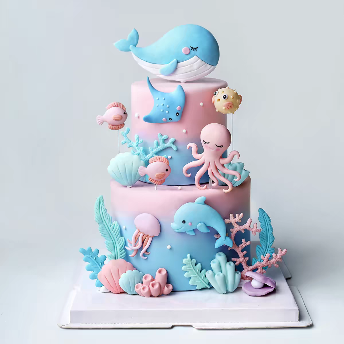 海洋主题生日蛋糕装饰鲸鱼八爪鱼魔鬼鱼海豚刺豚水母海底世界摆件