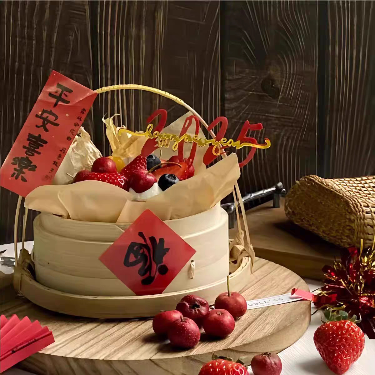 2025新年春节跨年蒸笼手提小竹篮蛋糕装饰摆件复古中国风福字贴纸