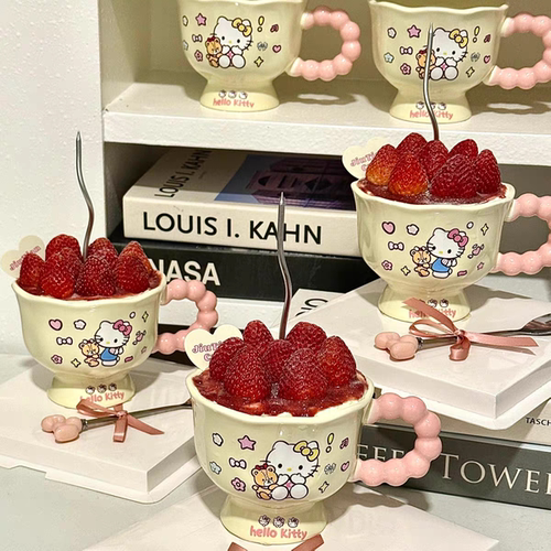 2026圣诞节新年粉色草莓碗蛋糕装饰卡通蝴蝶结kt猫陶瓷杯烘焙装扮