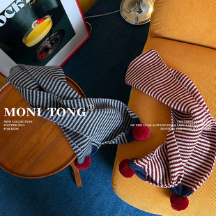 MONI 复古条纹拼色毛球围巾