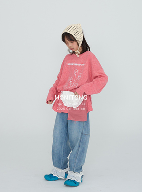 MONI 手工缝线贴布不对称花朵T恤/水洗休闲百搭柔软牛仔裤