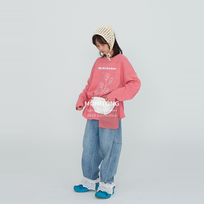 MONI 手工缝线贴布不对称花朵T恤/水洗休闲百搭柔软牛仔裤