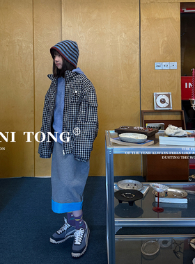 MONI 蓝白格子立领棉服/坑条针织戴帽上衣/撞色半裙(拉绒)