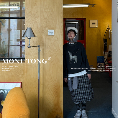 MONI 蜡笔画小飞马卫衣(/双面穿绗薄棉半裙(黑/格子)