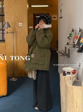 MONI 军绿色毛毛内里中长款工装外套