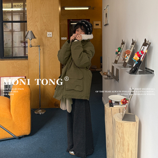 MONI 军绿色毛毛内里中长款工装外套