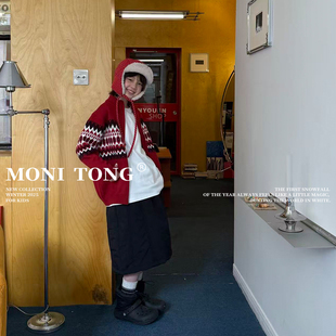 MONI 红色提花拉链针织开衫毛衣