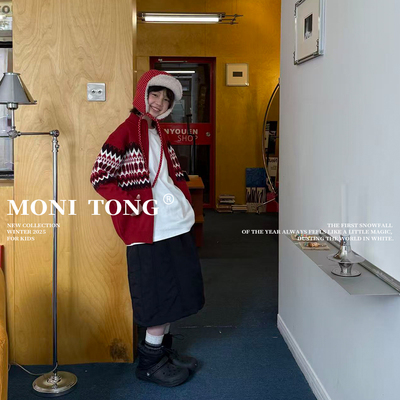 MONI 红色提花拉链针织开衫毛衣