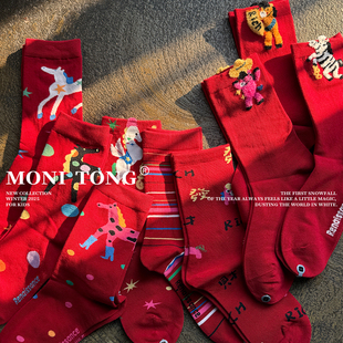 MONI 红色喜庆过年袜 小马图案中筒袜套装