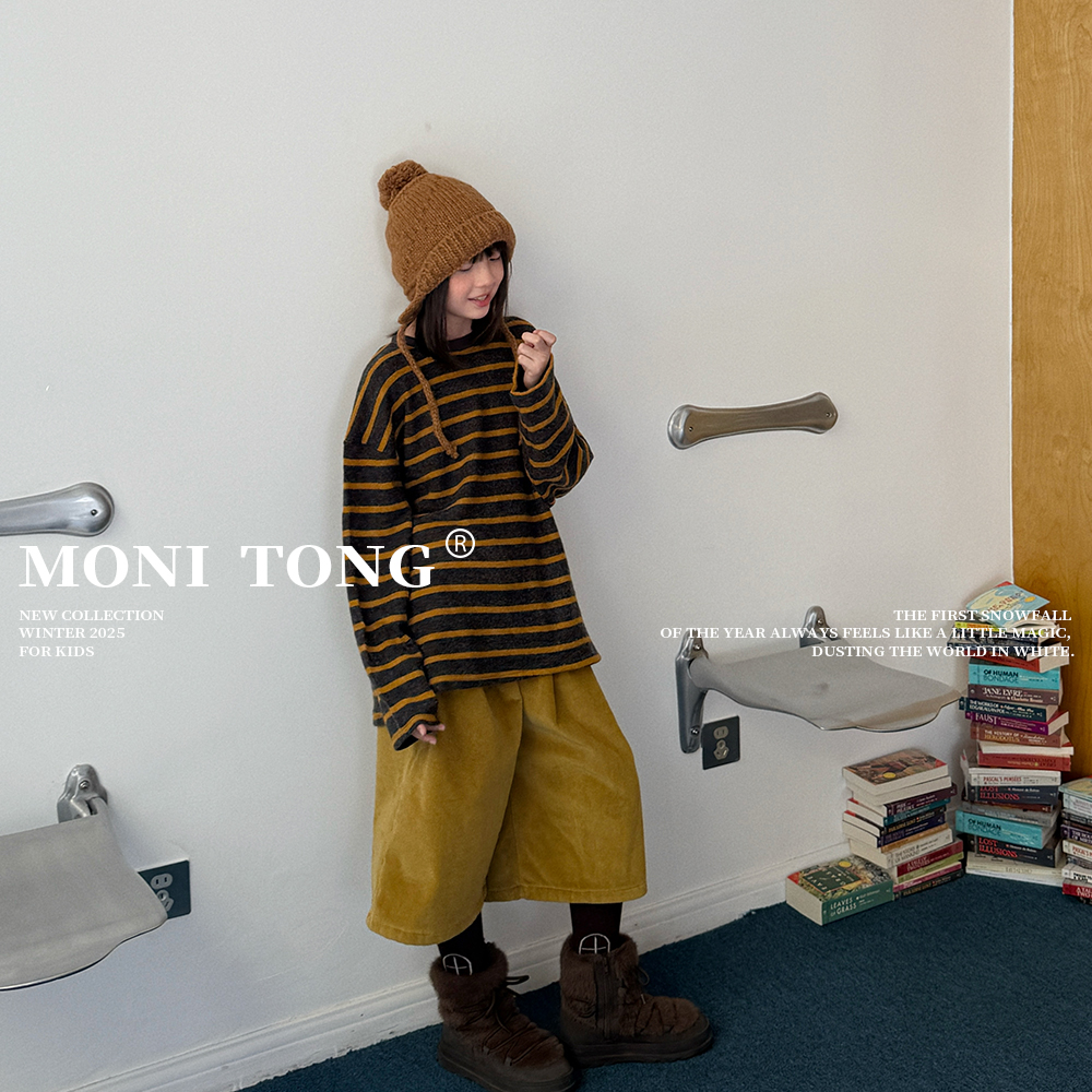 MONI 撞色条纹拉绒宽松T恤打底衫/灯芯绒加绒8分阔腿裤