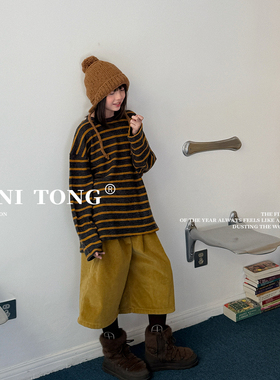 MONI 撞色条纹拉绒宽松T恤打底衫/灯芯绒加绒8分阔腿裤