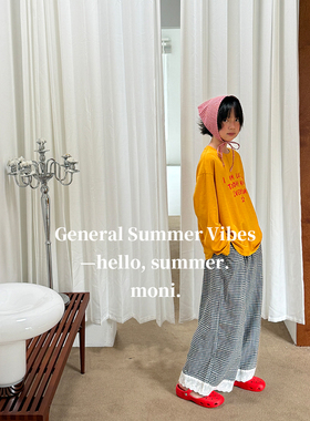 MONI 黄色印花薄款防晒T恤/格子花边直筒裤