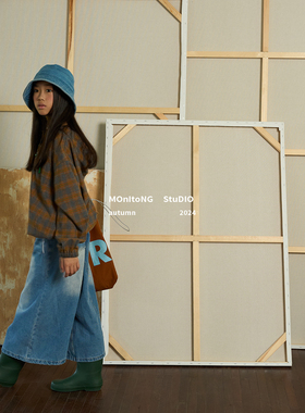 MONITONG 软毛呢撞色格子戴帽外套/水洗感阔腿休闲牛仔裤