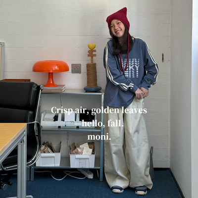 MONI 灰蓝印花织带T恤/水系米灰白直筒裤