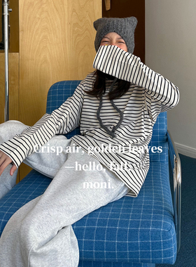 MONI 海军风2色基础条纹T恤/2色基础直筒卫裤