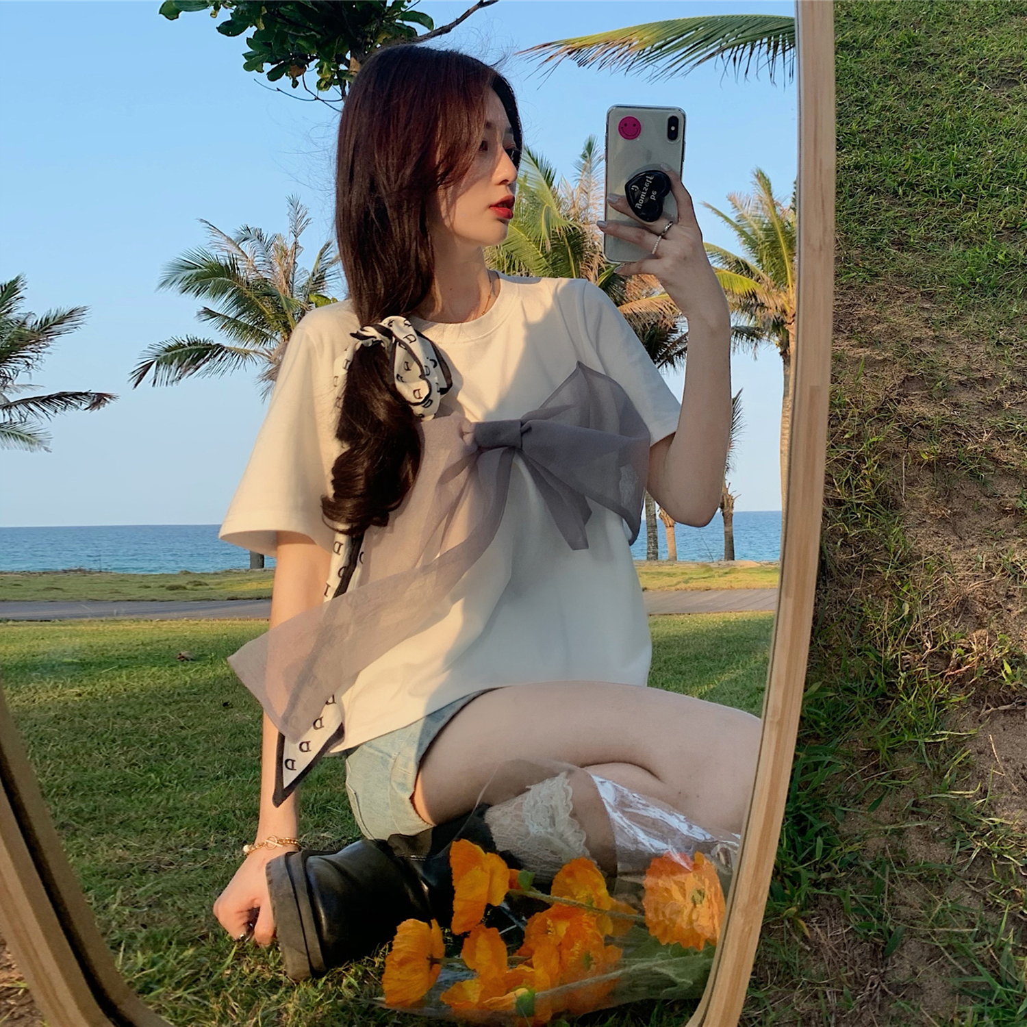 Real price ~ design feeling big bow tie short sleeve t-shirt female round neck smart sweet and gentle top fashion