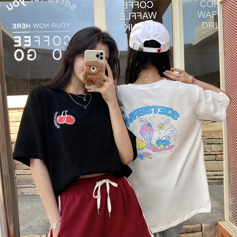Real price ~ Korean loose short sleeve front and back printed cherry ice cream T-shirt short sleeve top