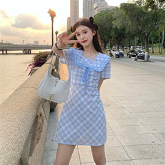Japanese Navy collar dress women's blue and white plaid skirt