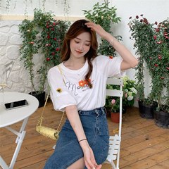 Real price ~ Korean loose design white short sleeve T-shirt women's mesh stitching bubble sleeve top