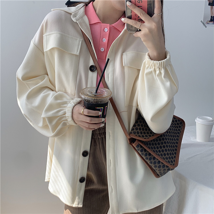 Real shot real price ~ small fragrant style loose Lantern Sleeve work clothes pocket milk white shirt coat woman