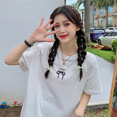 Real price ~ design feeling Beaded bow short sleeve t-shirt female letter label top fashion