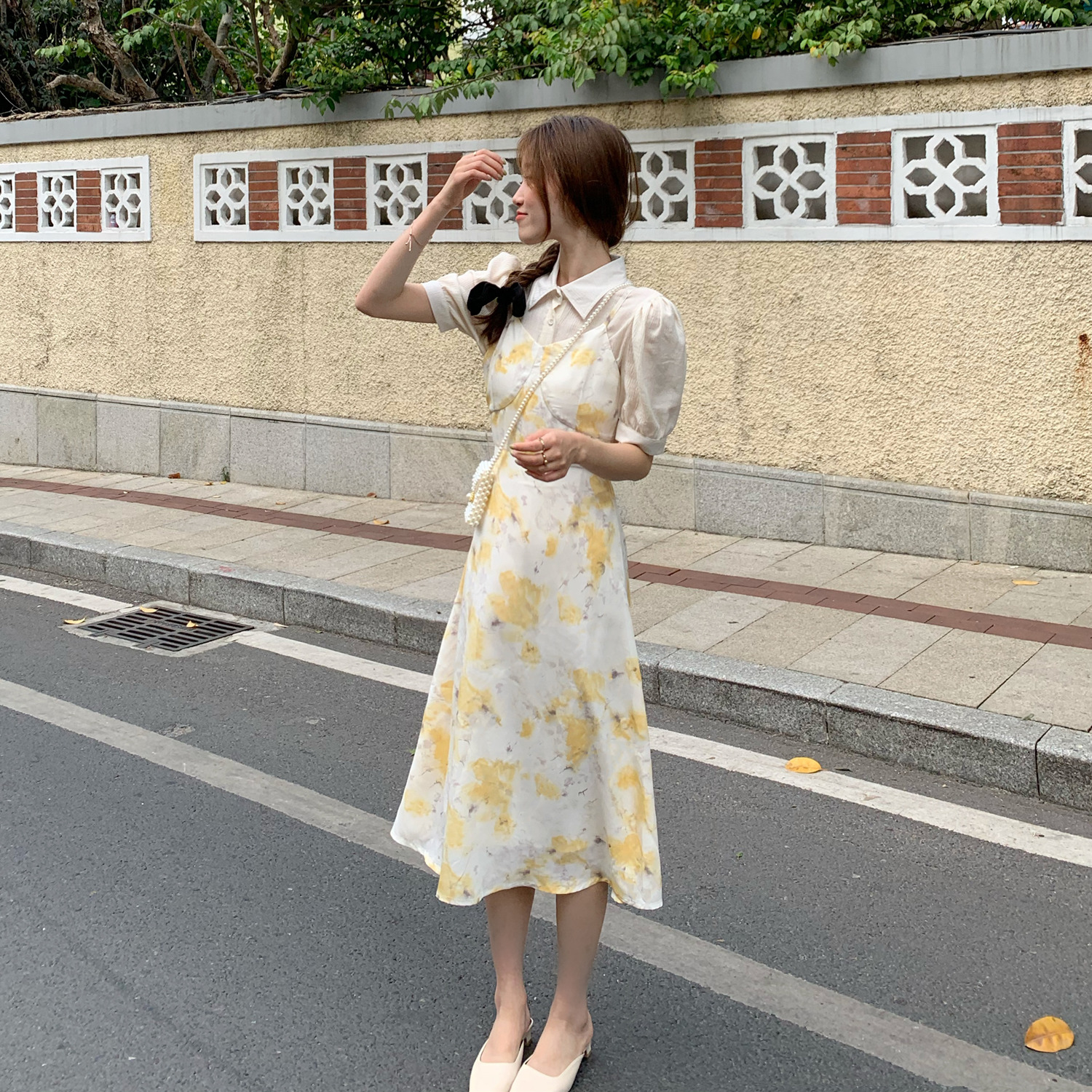 Real price sweet girl feel floral suspender skirt + short sleeve shirt fashion suit