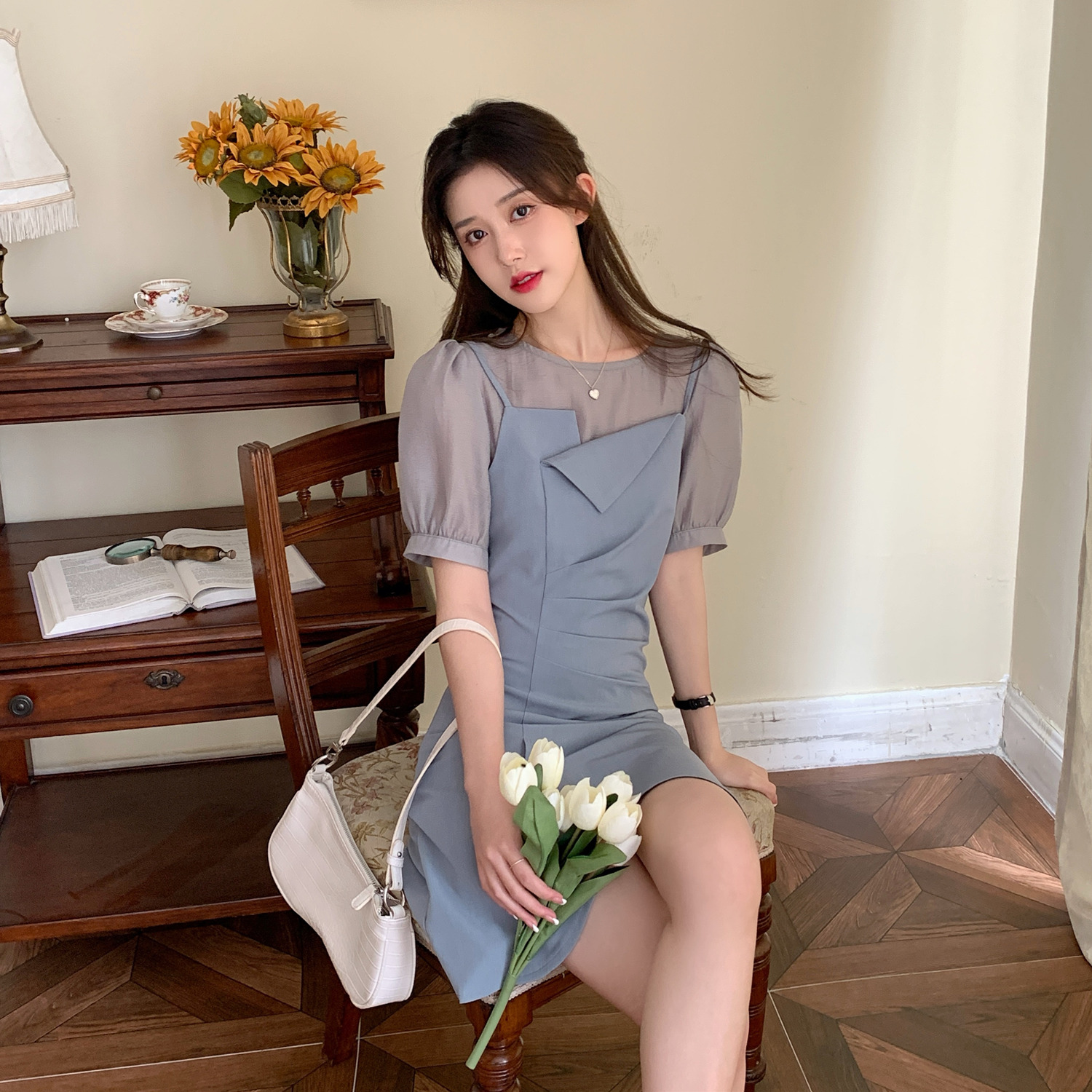 Real price ~ fake two sweet dresses Xia Xian thin split skirt bubble sleeve temperament skirt