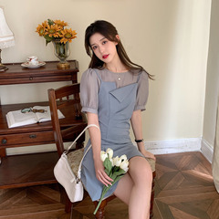 Real price ~ fake two sweet dresses Xia Xian thin split skirt bubble sleeve temperament skirt