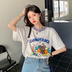 ！ Real price ~ bear print short sleeve T-shirt loose contrast wave thread round neck top