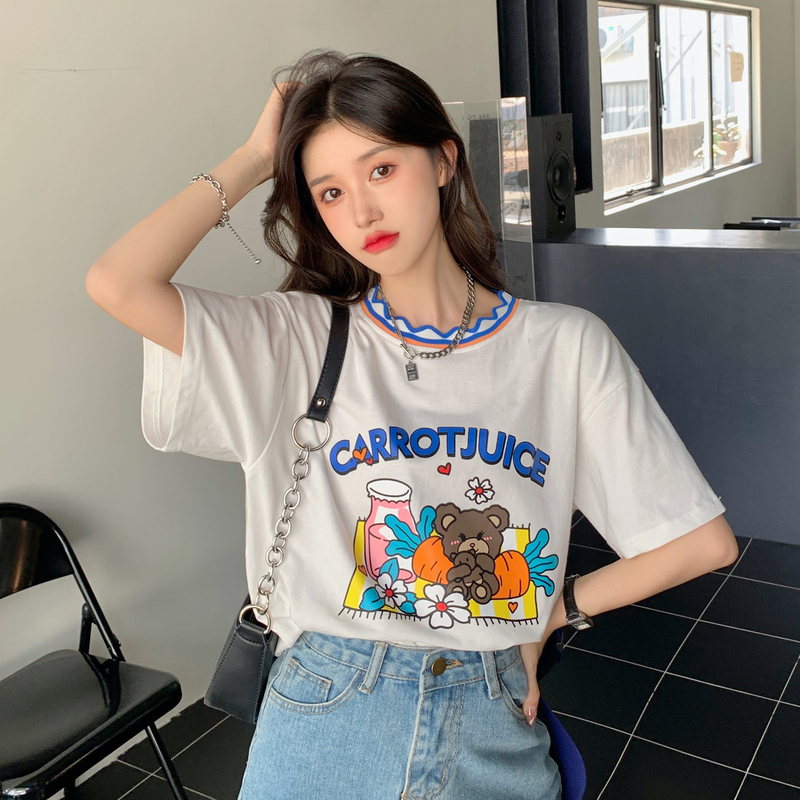 ！ Real price ~ bear print short sleeve T-shirt loose contrast wave thread round neck top