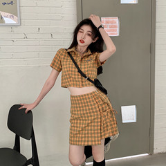 American style retro short sleeve top with word bandage short pants skirt suit
