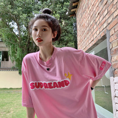 Real price ~ loose letter towel embroidered round neck short sleeve T-shirt women's summer candy color top fashion