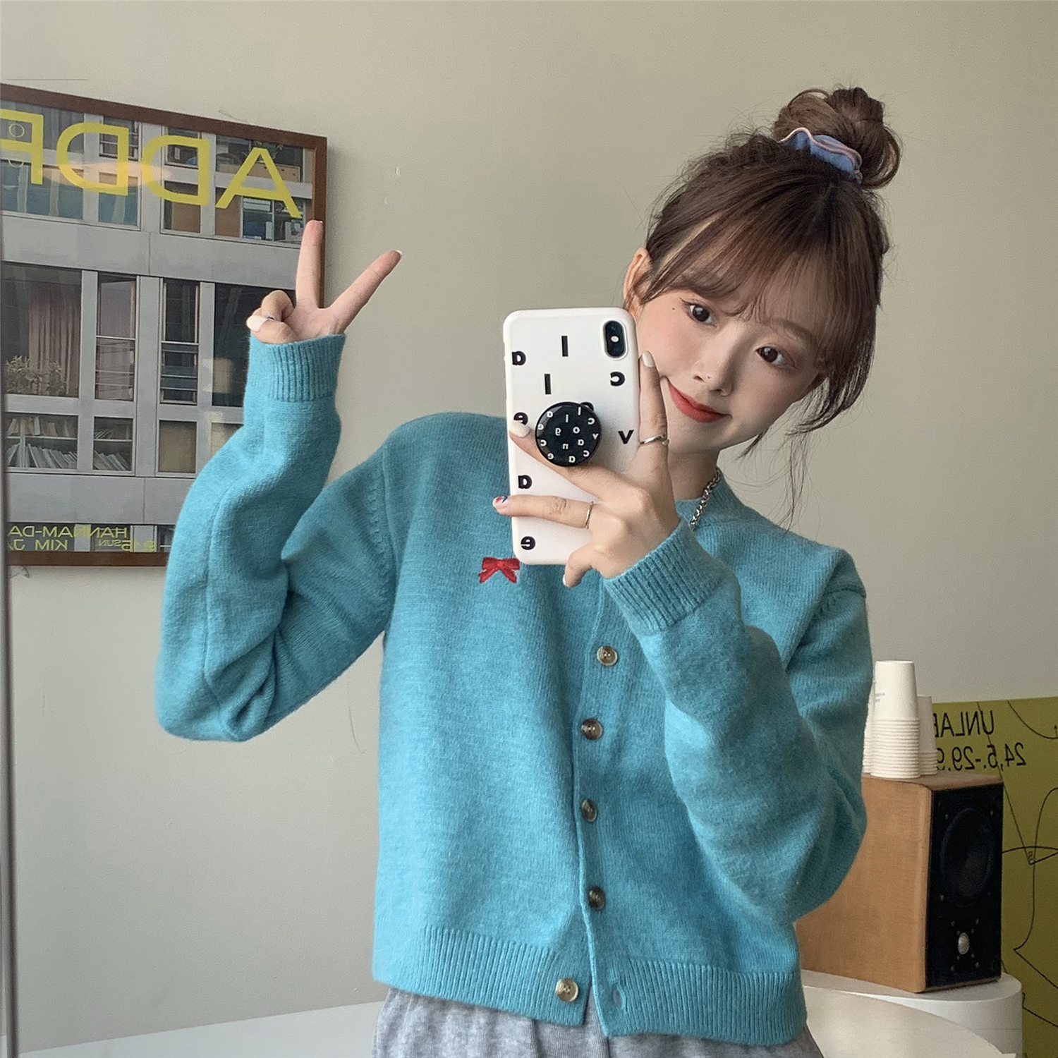 實拍實價少女蝴蝶結短款針織開衫女圓領寬鬆慵懶毛衣外套