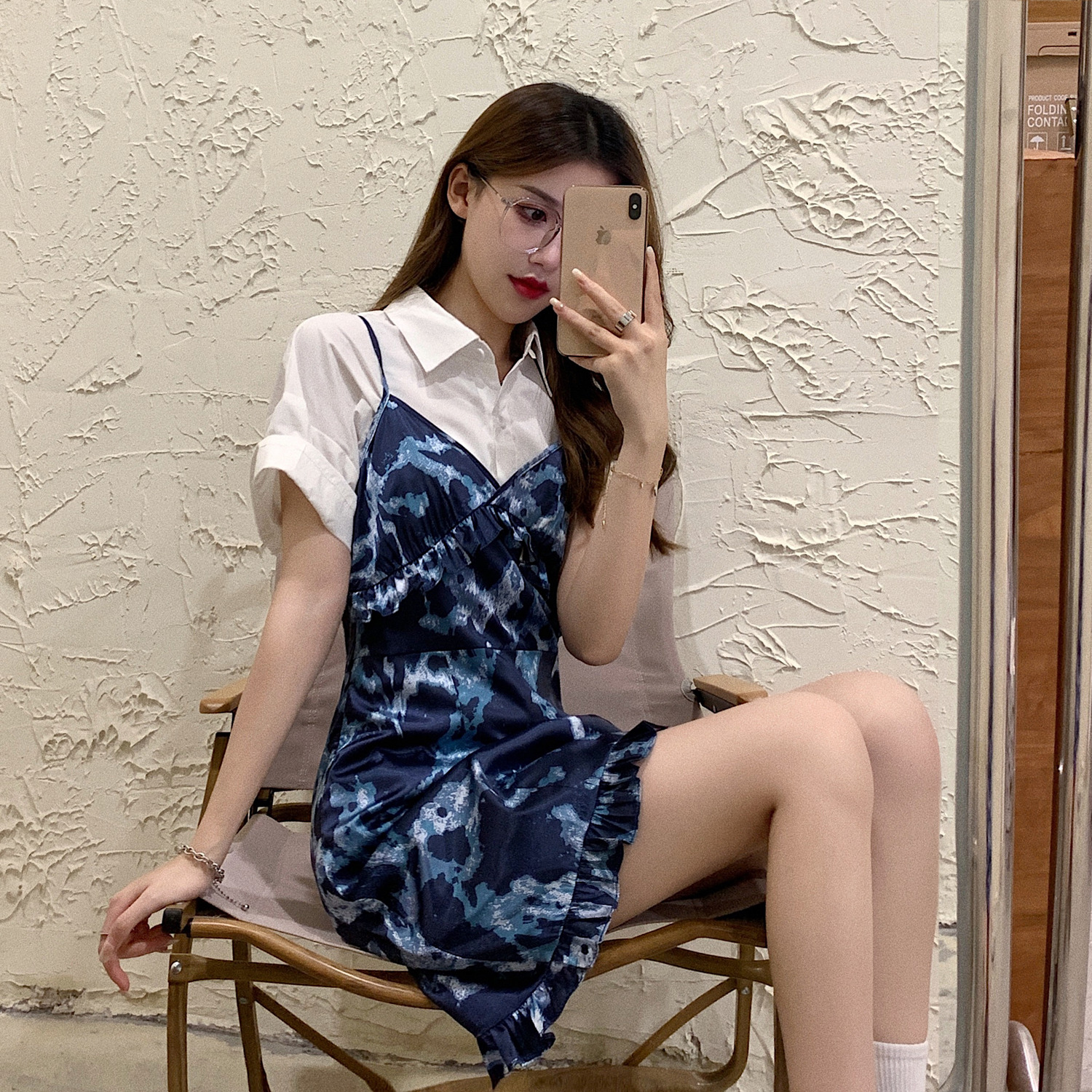 Real price ~ playful tie dyed suspender skirt for women with thin temperament V-neck blue print dress