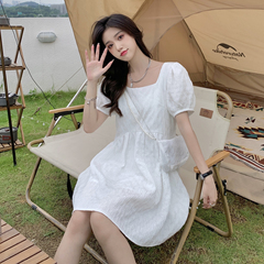 Real Price vintage square neck bubble sleeve dress femininity waist slim pearl chain wrap skirt