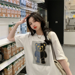 Real price cute contrast bear shirt women's loose print embroidered round neck short sleeve top