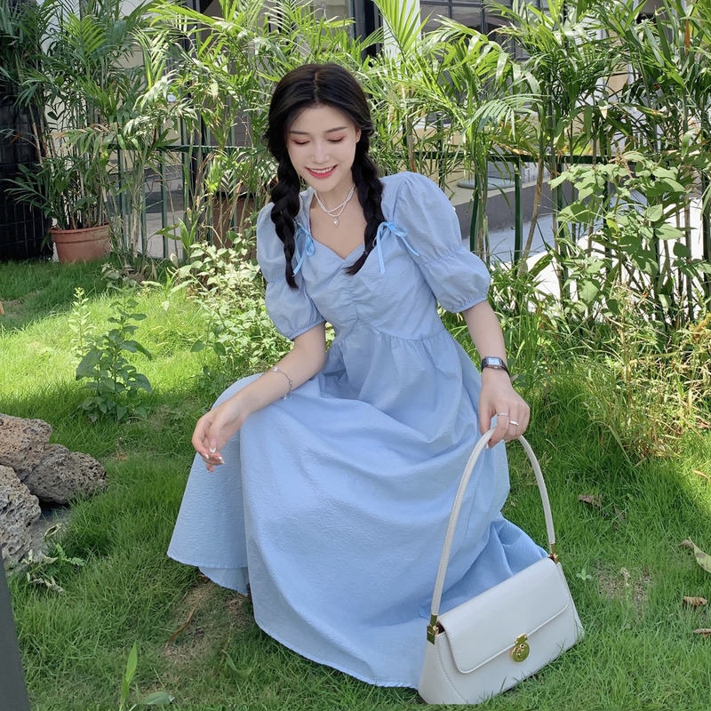 Real price ~ French sweet bowknot bubble sleeve waist slim dress women's design skirt