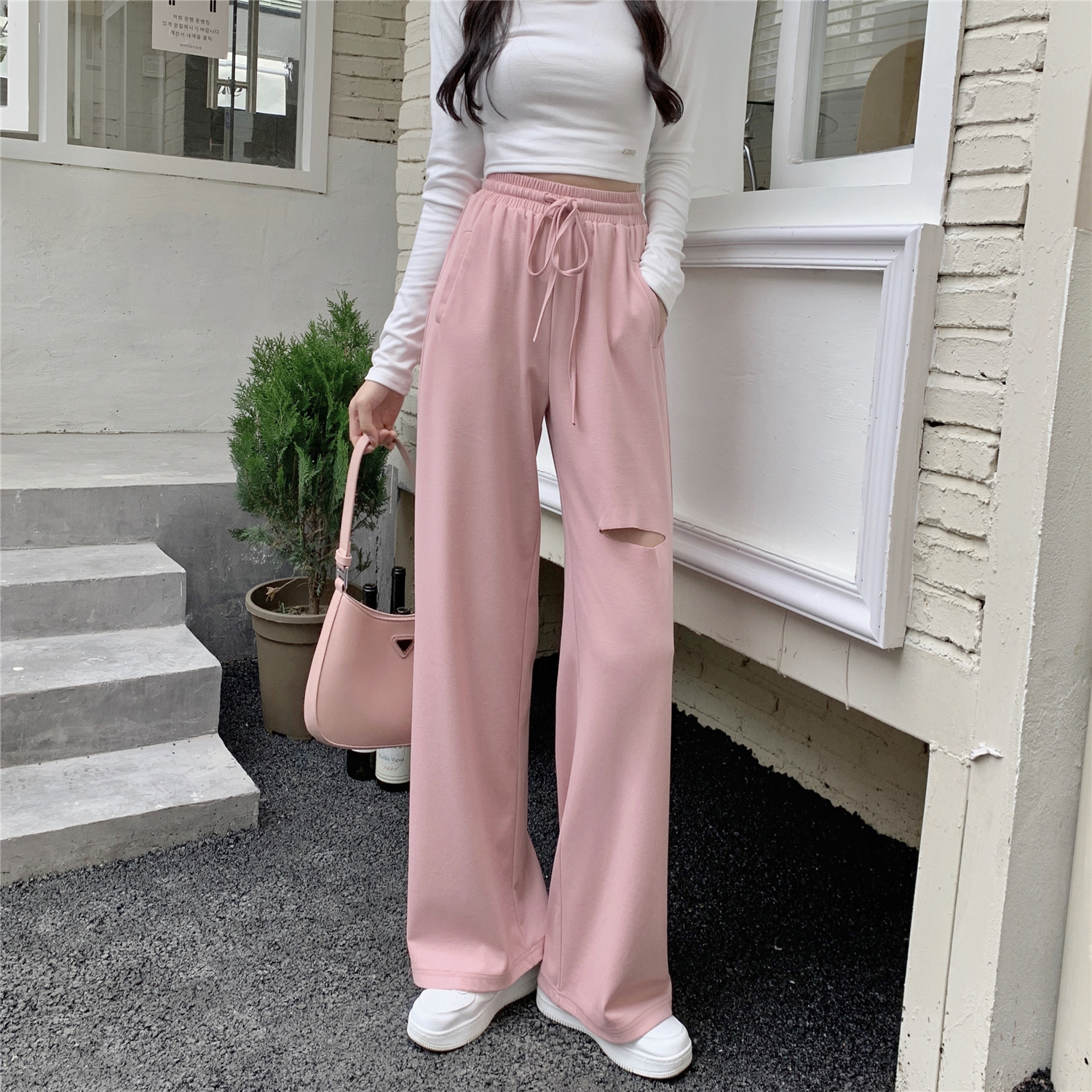 Real shot real price summer thin style straight tube loose versatile high waist casual hole drop pants floor pants