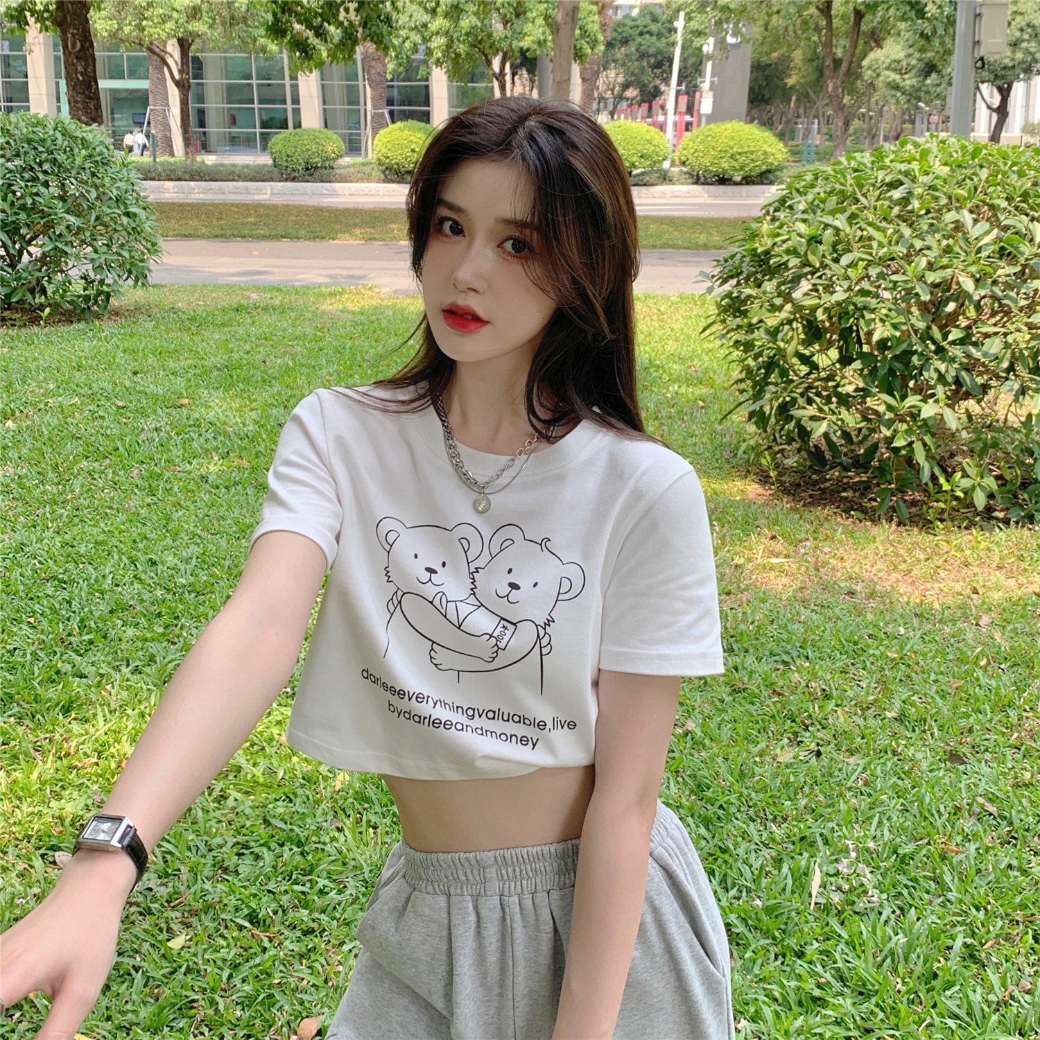 Real price bear print short sleeve T-shirt women's high waist open navel white short top