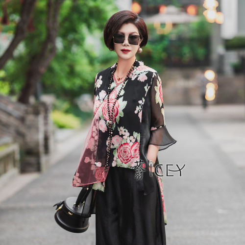 艾翕甄选不规则印花设计气质短袖t恤女夏季中年妈妈宽松高级衬衫