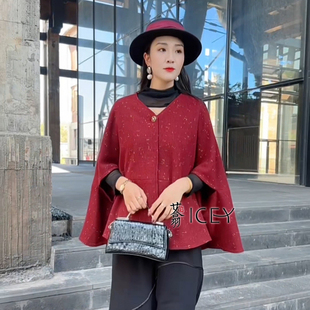 艾翕甄选v领织金短外套女款时尚妈妈春季新款红色宽松洋气小上衣