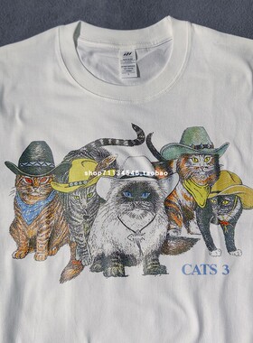 美式复古西部牛仔猫咪男士短袖T恤卡通猫男女短袖夏装怀旧插画T恤