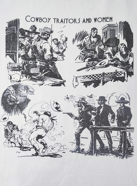 vintage美式西部牛仔复古cowboy酒馆三部曲印第安漫画风格短袖T恤